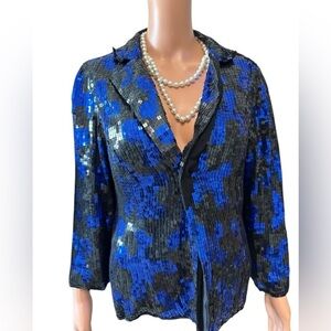 Adrianna  Papell Royal Blue and Black Full Sequin Front Clip Blazer- Size 14 W